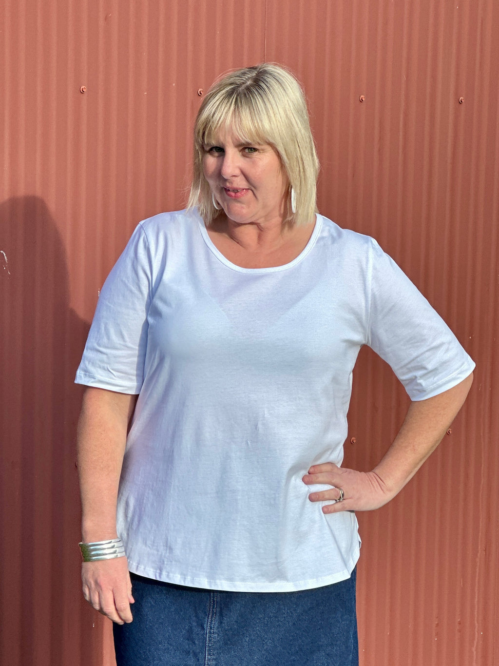 Cotton Knit Basic Curved Tee - White
