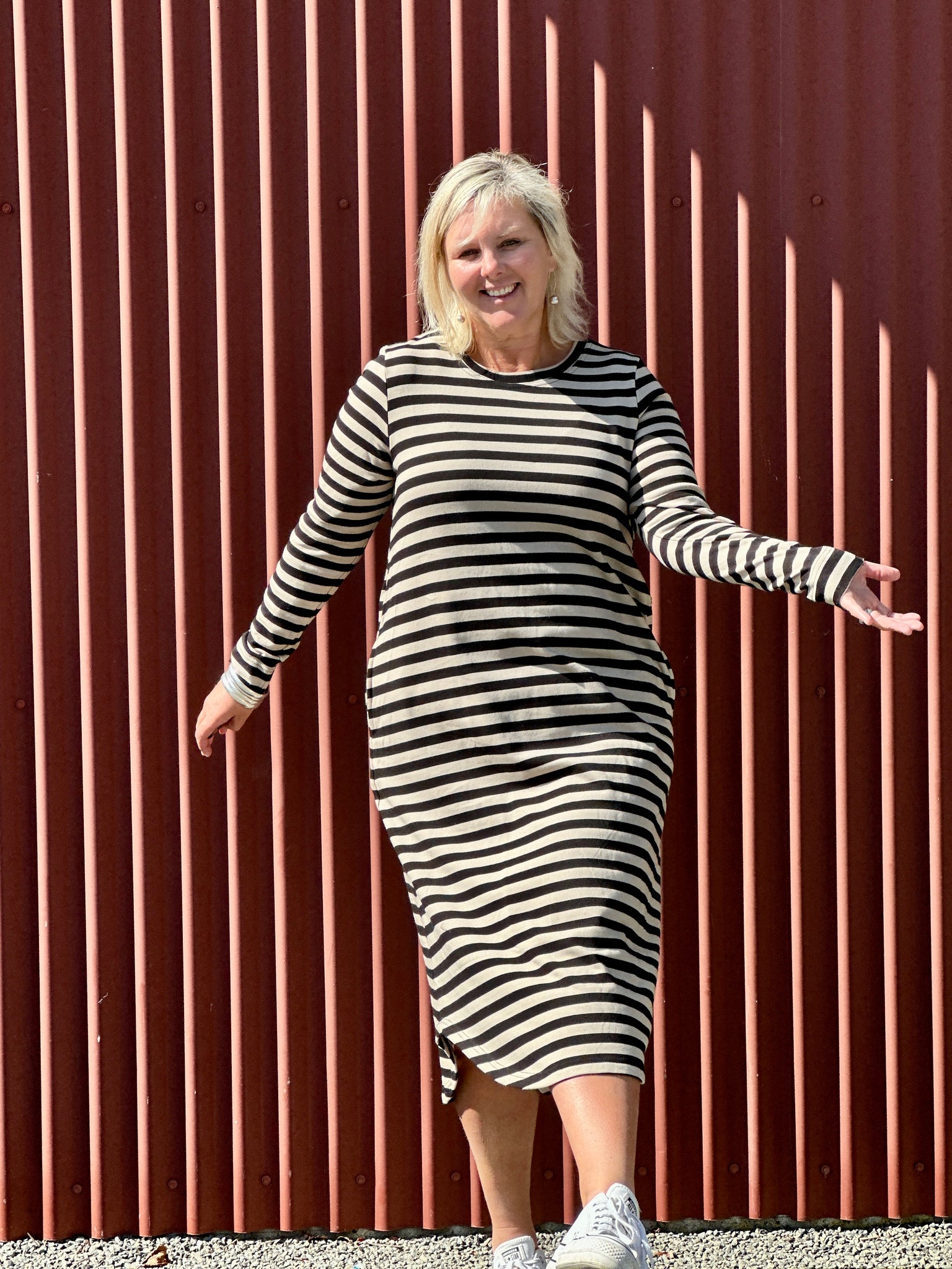 Simone Dress Taupe Stripe