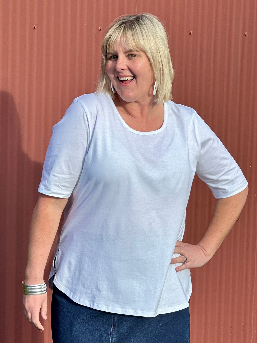 Cotton Knit Basic Curved Tee - White