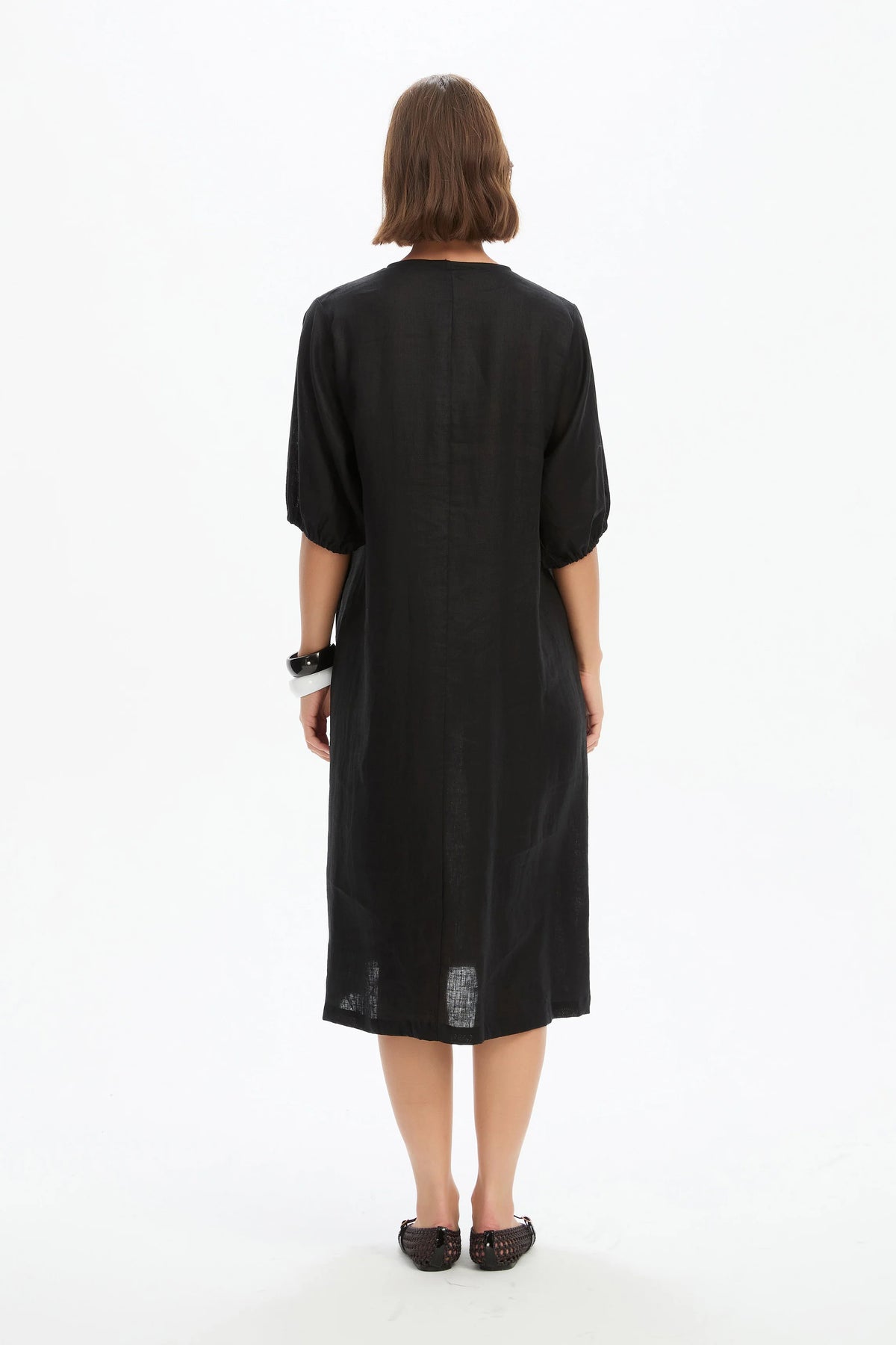 Puff Sleeve Gather Front Dress - Black