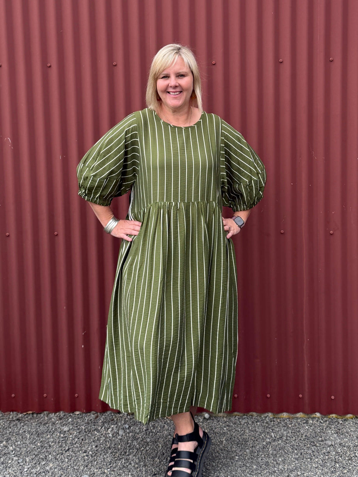 An easy, floaty  Dress with beautiful soft volume through the skirt. Featuring statement balloon sleeves, pockets, and a relaxed fit . Designed by Deeanne Hobbs