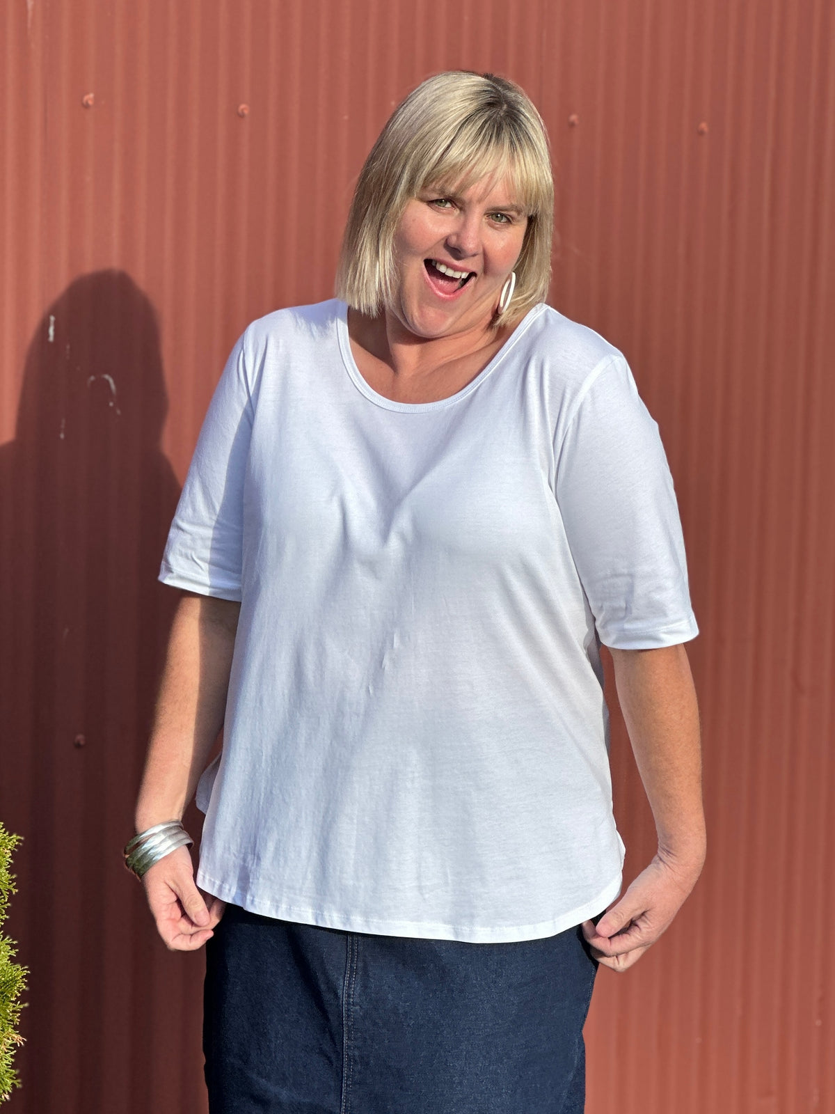 Cotton Knit Basic Curved Tee - White