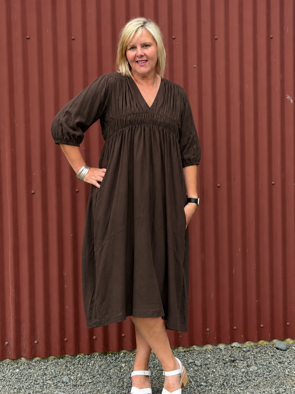 Puff Sleeve Gather Front Dress - Chocolate