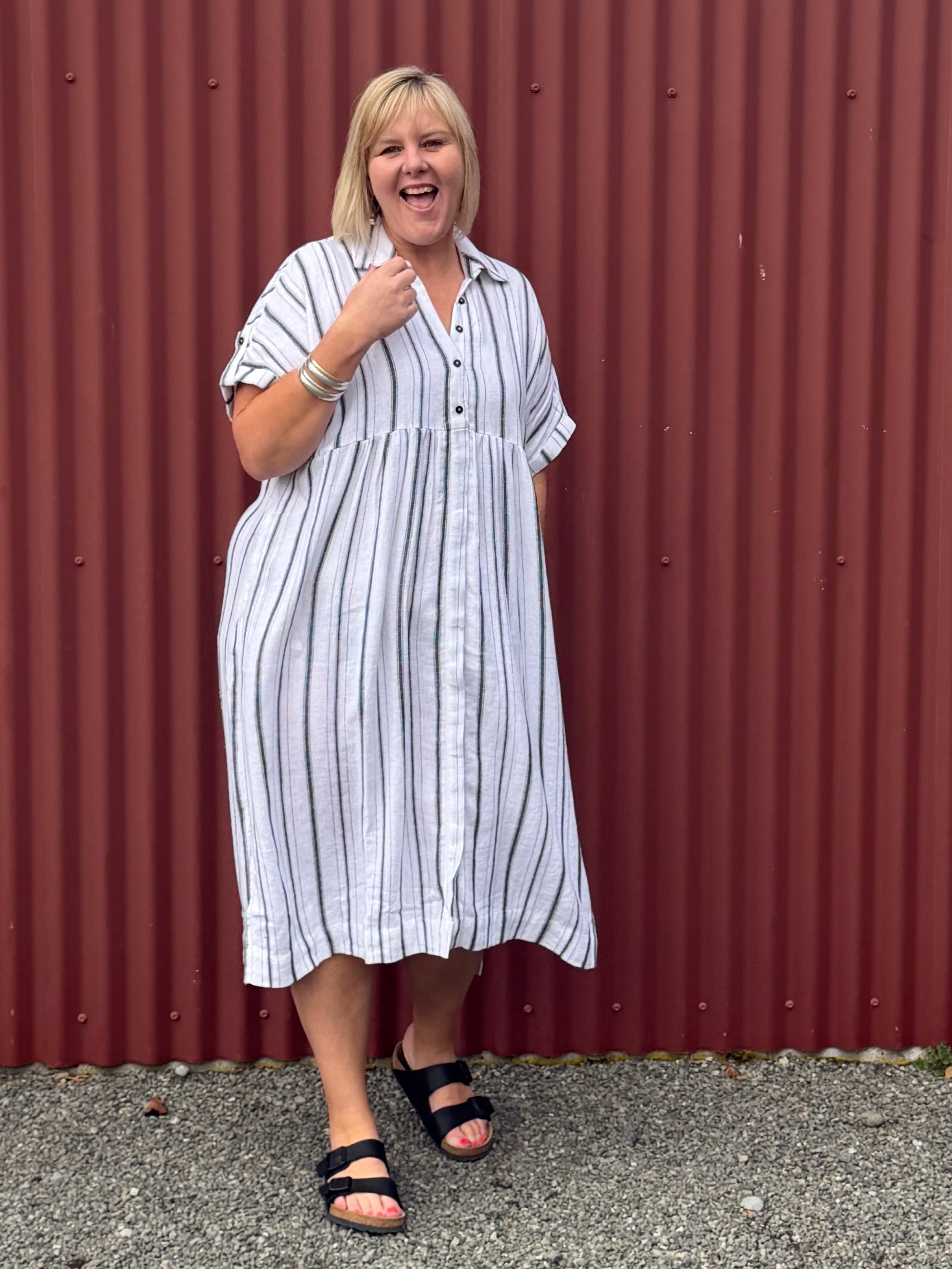 Tribal flowy yarn dye stripe shirt dress, offering the same airy linen-cotton blend, easy drape, and everyday comfort for all body types. Designed for effortless, confidence-boosting style wherever you go.

Fabric 55% Linen 45% Rayon
