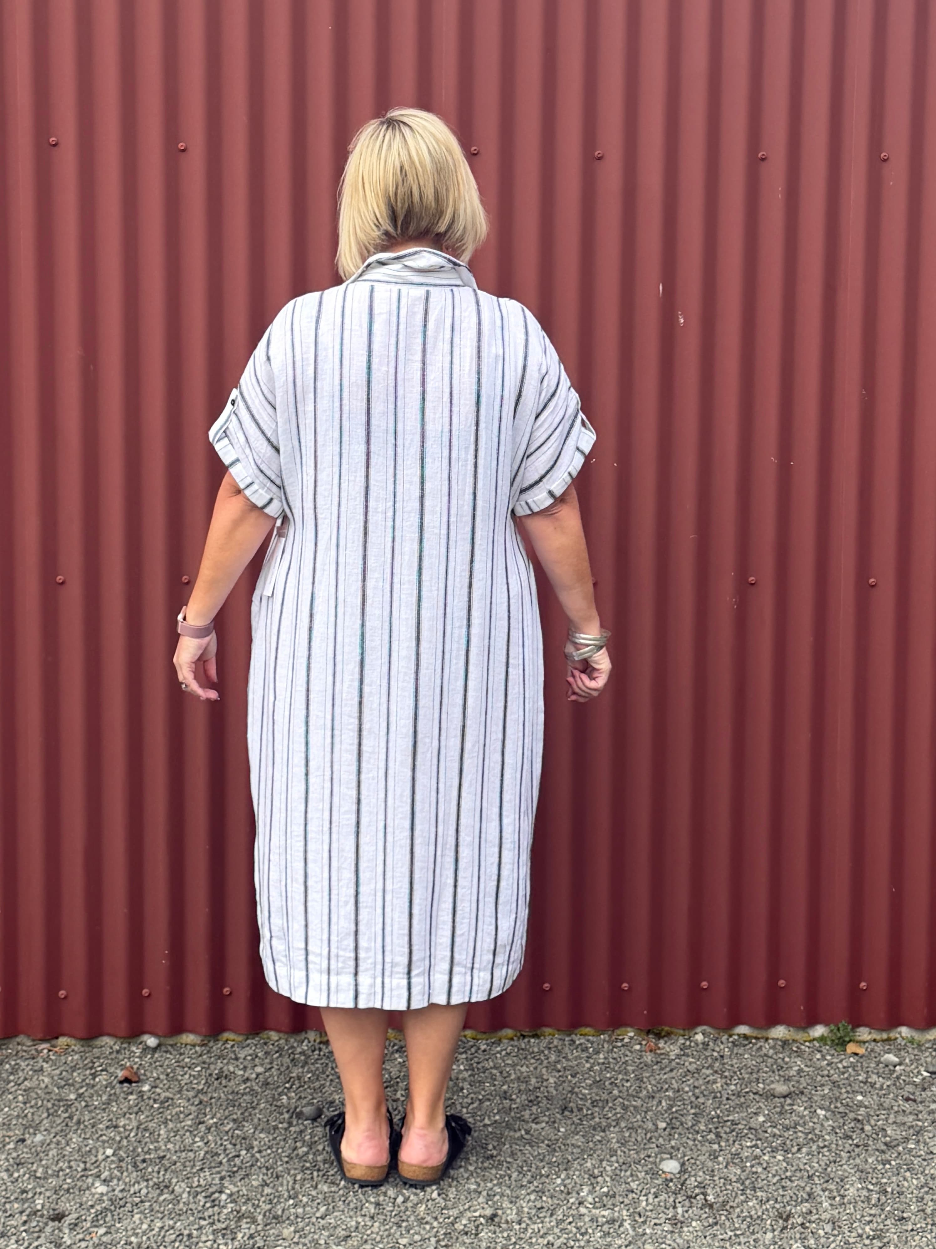 Tribal flowy yarn dye stripe shirt dress, offering the same airy linen-cotton blend, easy drape, and everyday comfort for all body types. Designed for effortless, confidence-boosting style wherever you go.

Fabric 55% Linen 45% Rayon