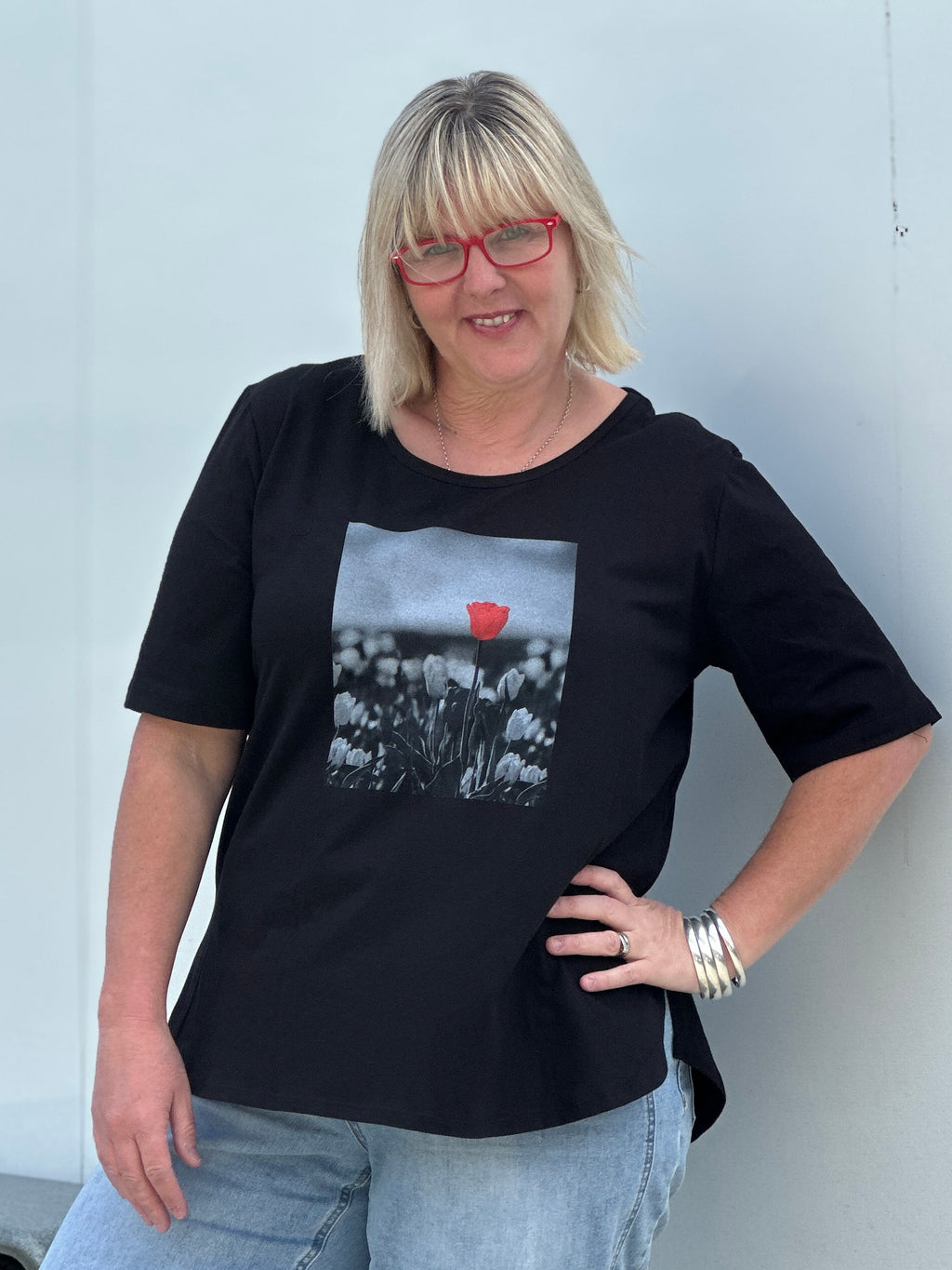 Cotton Knit Basic Curved Tee - Black with Print