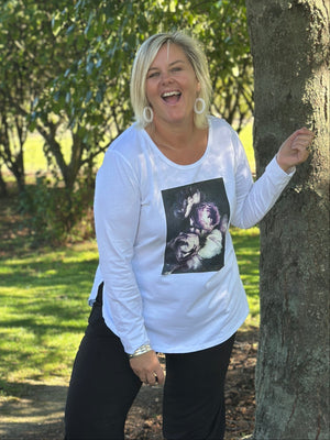 White Long Sleeve Curved Hem Bouquet Tee