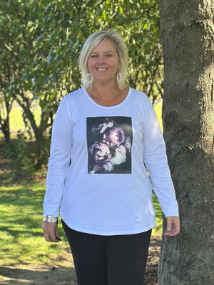 White Long Sleeve Curved Hem Bouquet Tee