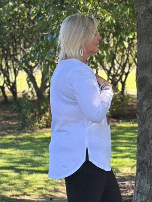 White Long Sleeve Curved Hem Bouquet Tee