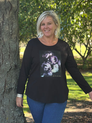 Black Long Sleeve Curved Hem Bouquet Tee