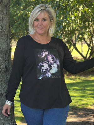 Black Long Sleeve Curved Hem Bouquet Tee