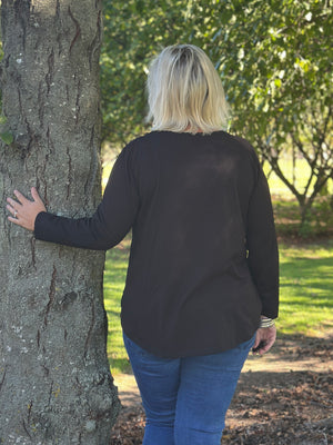 Black Long Sleeve Curved Hem Bouquet Tee