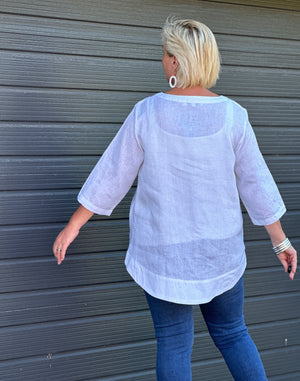 ! !    Linen Top Curved Hem -White