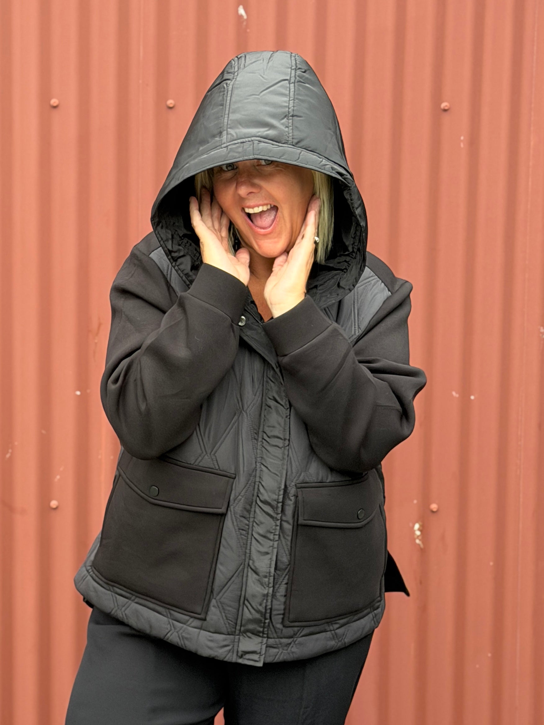 Quilted-Front Combo Puffer Coat