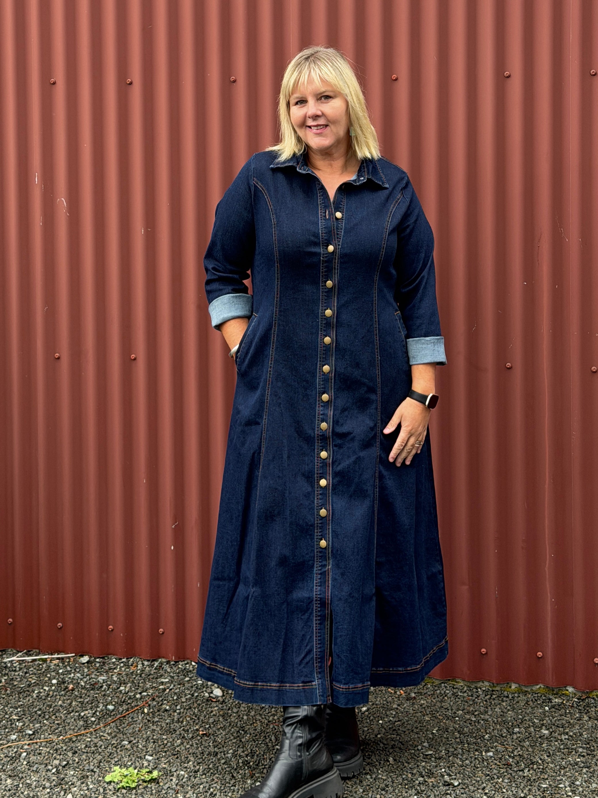 Adrift Collared Denim Dress in Dark Wash