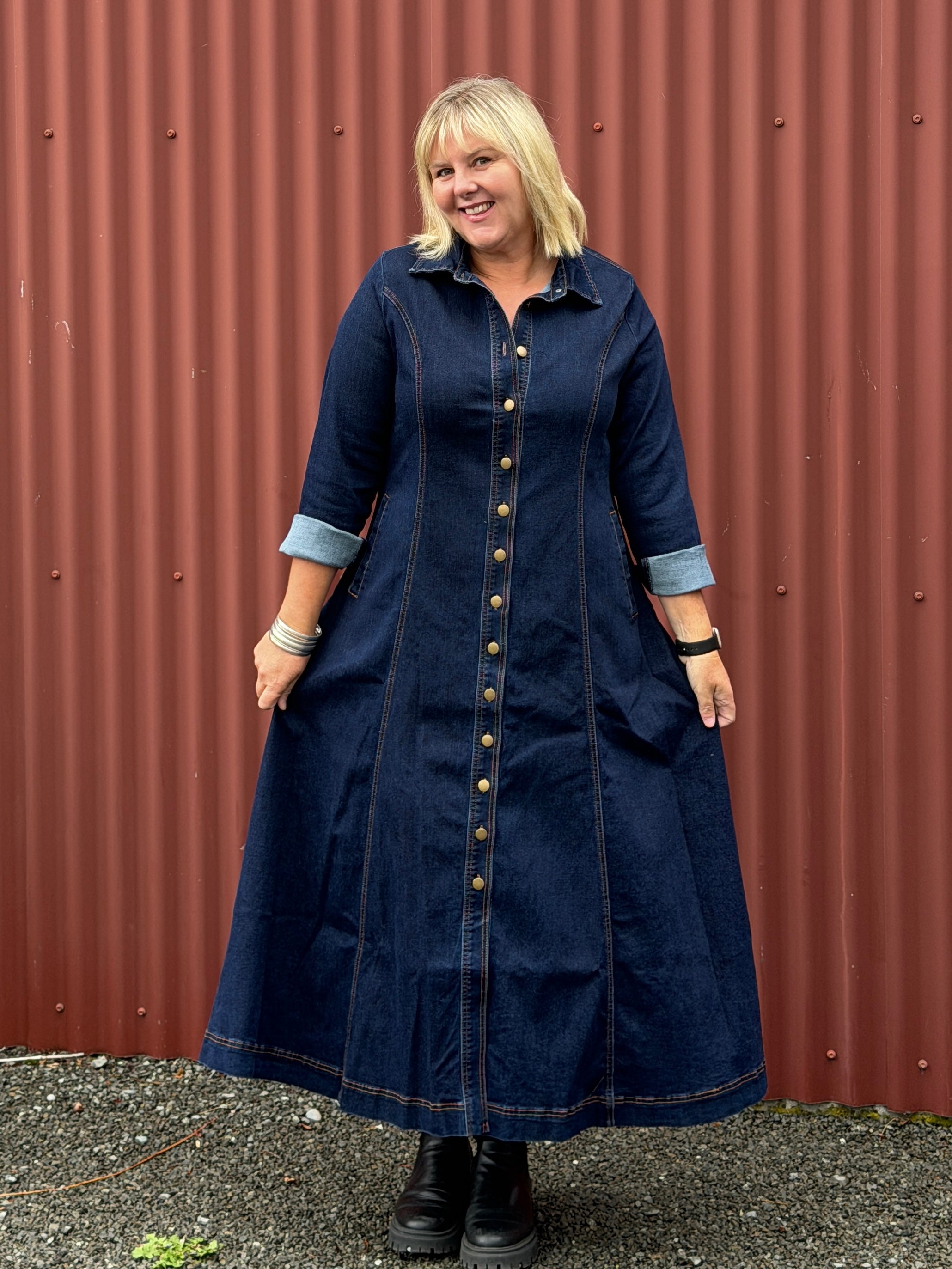 Adrift Collared Denim Dress in Dark Wash