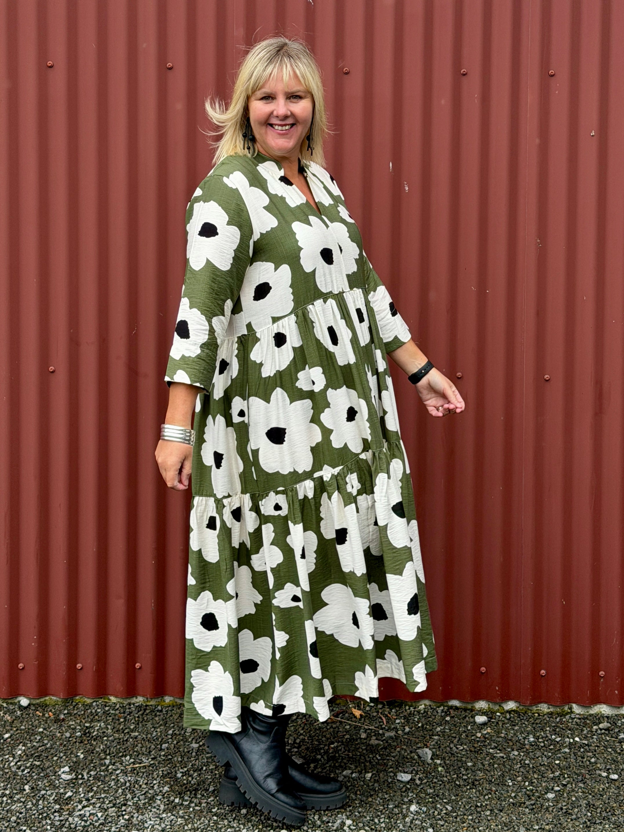 Collar Tiered Dress-Monochrome Meadow