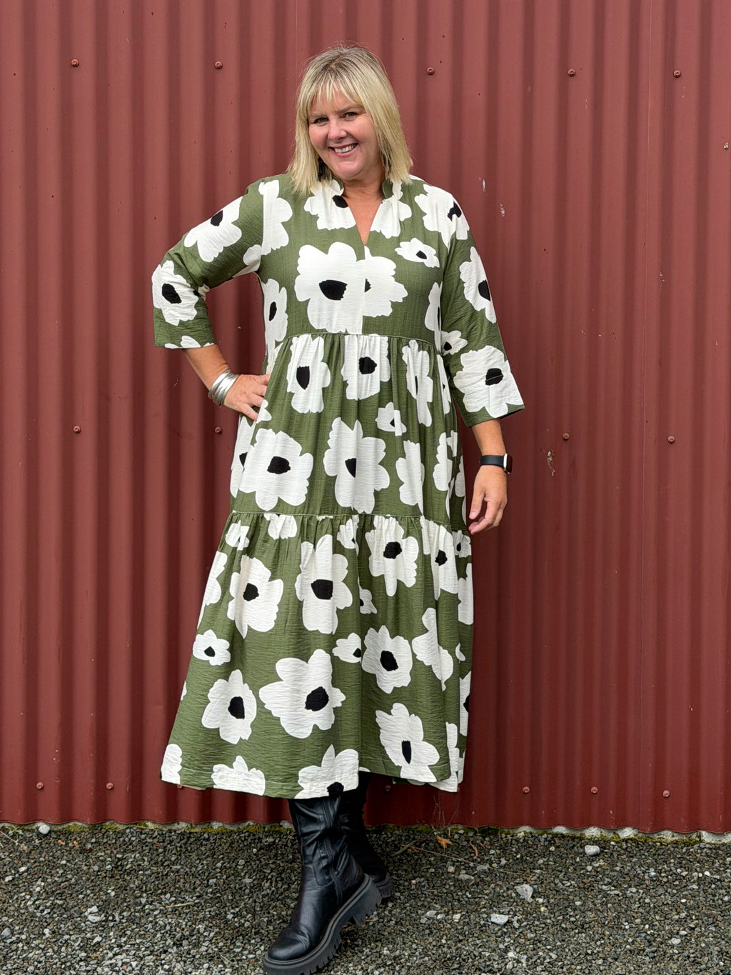 Collar Tiered Dress-Monochrome Meadow