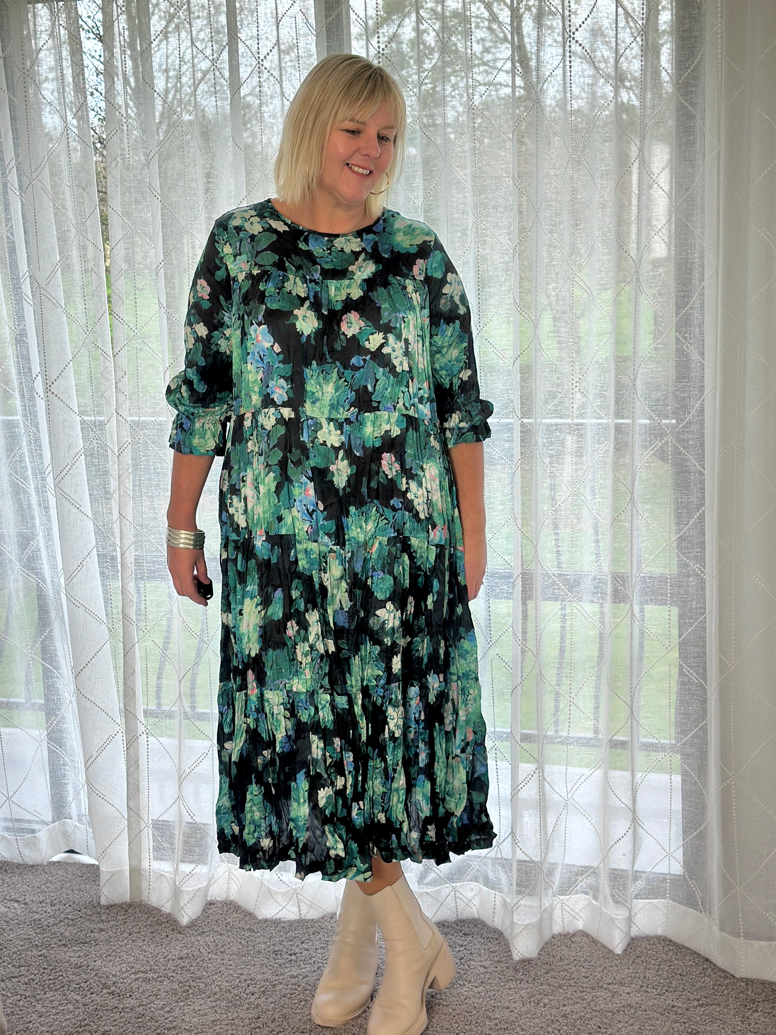 Cascade Dress -Seafoam Flowers
