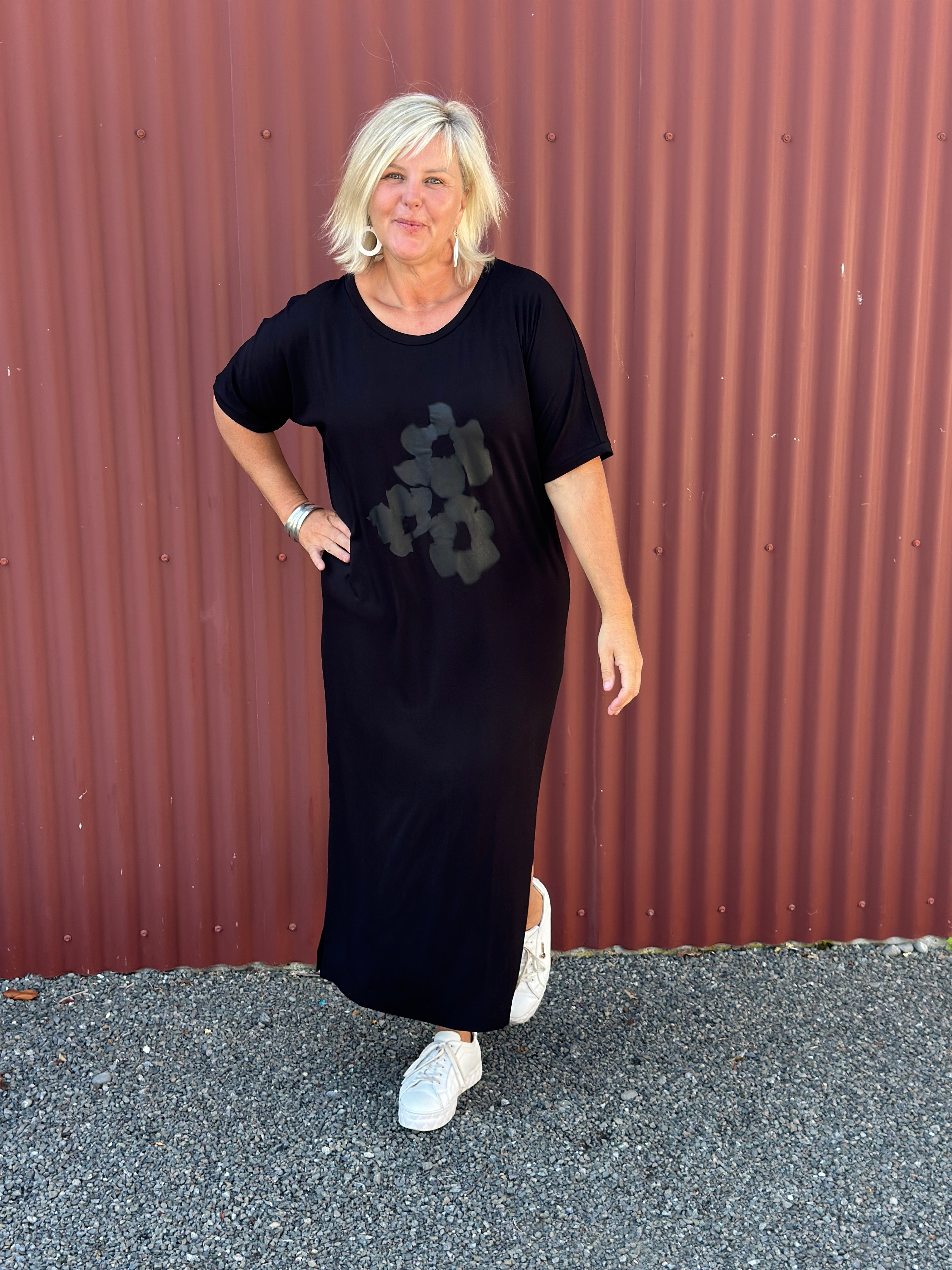 Black Tee Dress - Black Bouquet