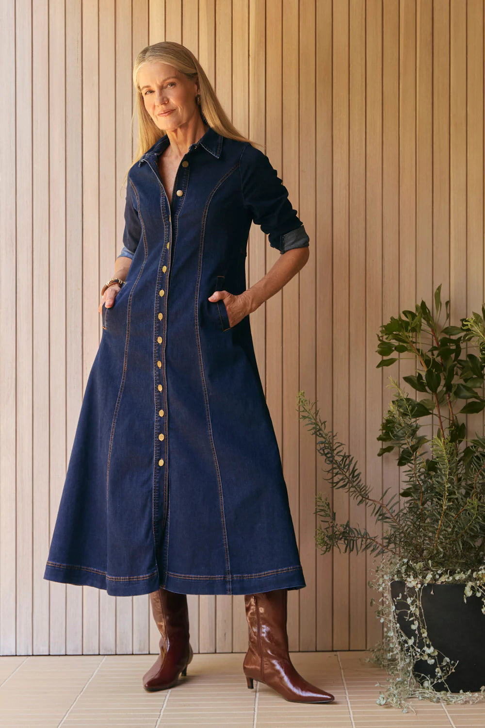 Adrift Collared Denim Dress in Dark Wash
