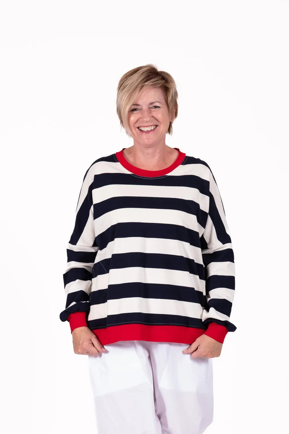 Jellicoe Striped Sweatshirt with a relaxed oversized fit, dropped shoulders, ribbed cuffs and curved pockets. Stretch cotton. Sizes 14–24.