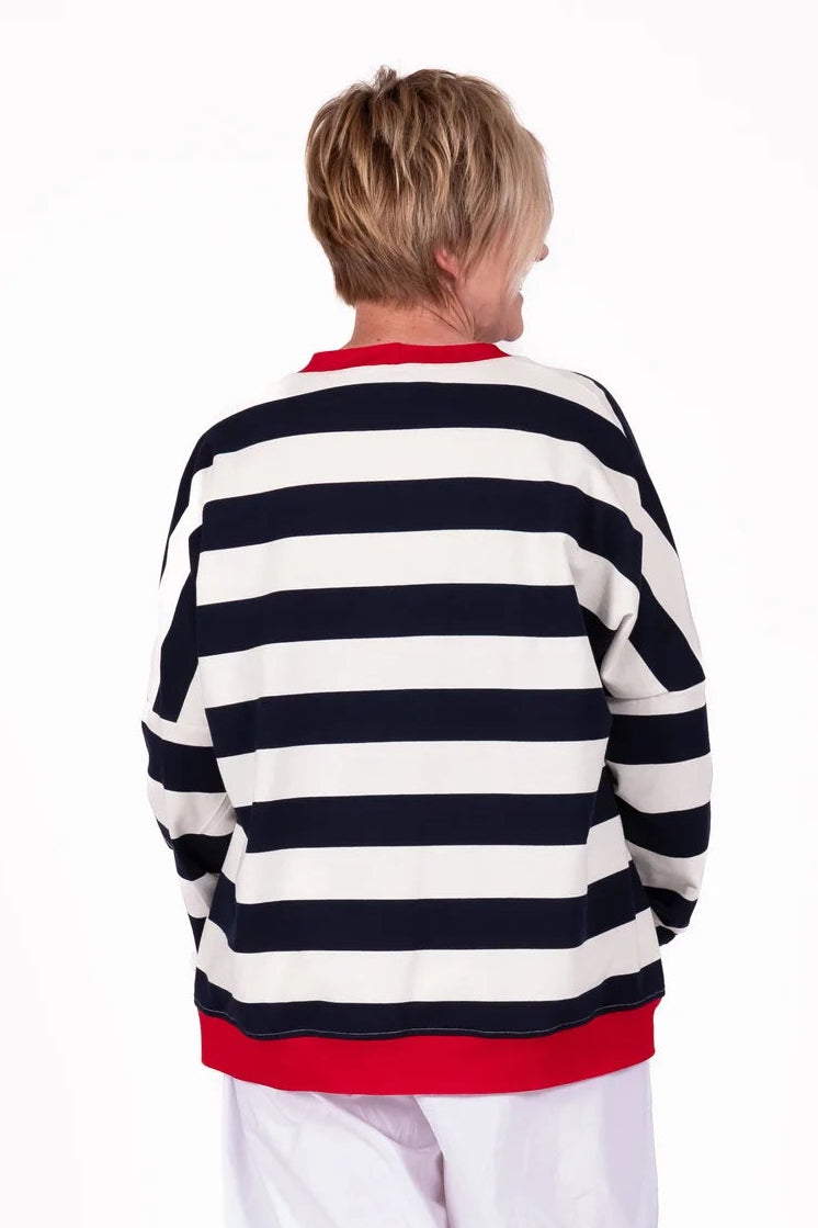 Jellicoe Striped Sweatshirt with a relaxed oversized fit, dropped shoulders, ribbed cuffs and curved pockets. Stretch cotton. Sizes 14–24.