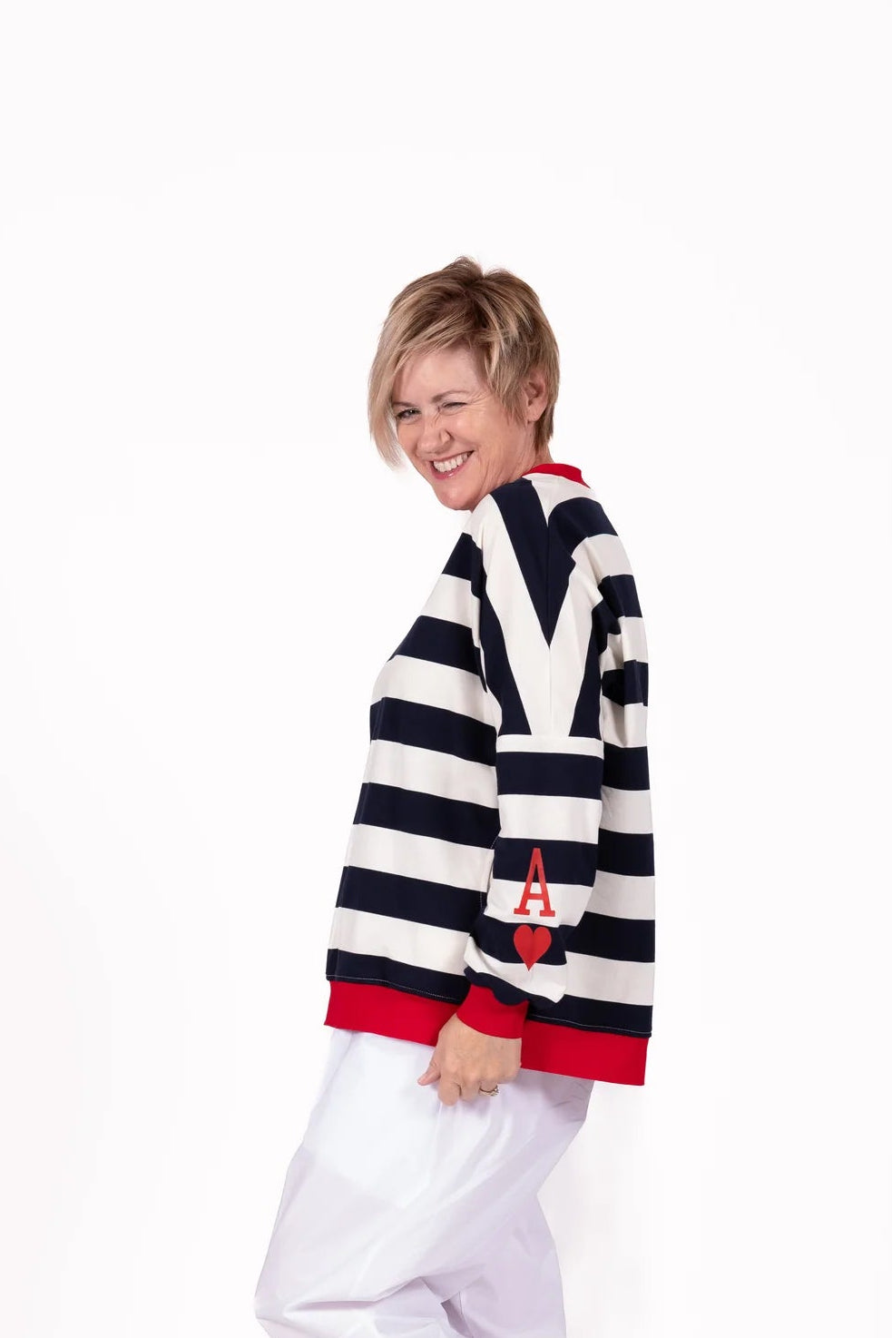 Jellicoe Striped Sweatshirt with a relaxed oversized fit, dropped shoulders, ribbed cuffs and curved pockets. Stretch cotton. Sizes 14–24.
