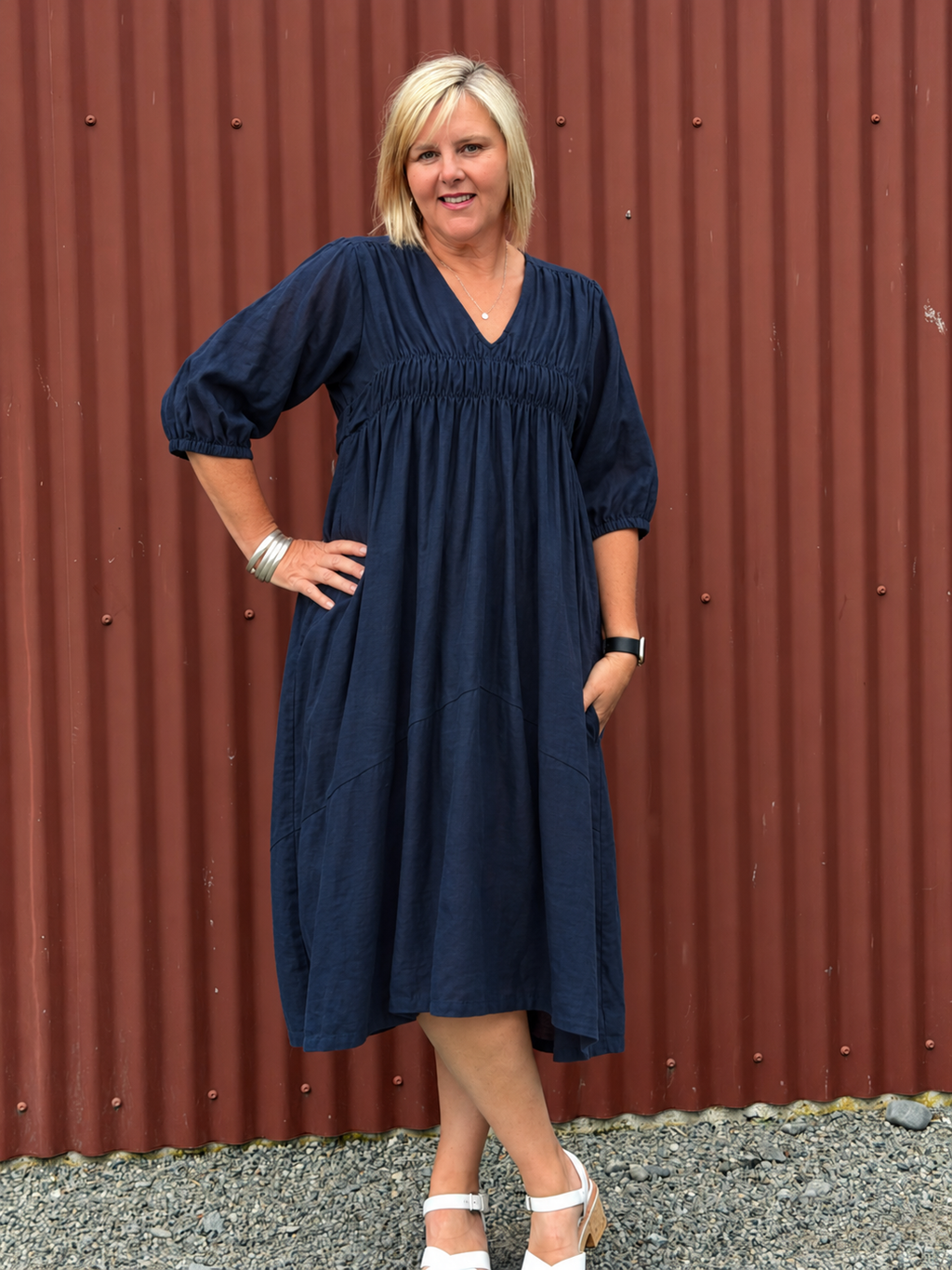 Puff Sleeve Gather Front Dress - Navy