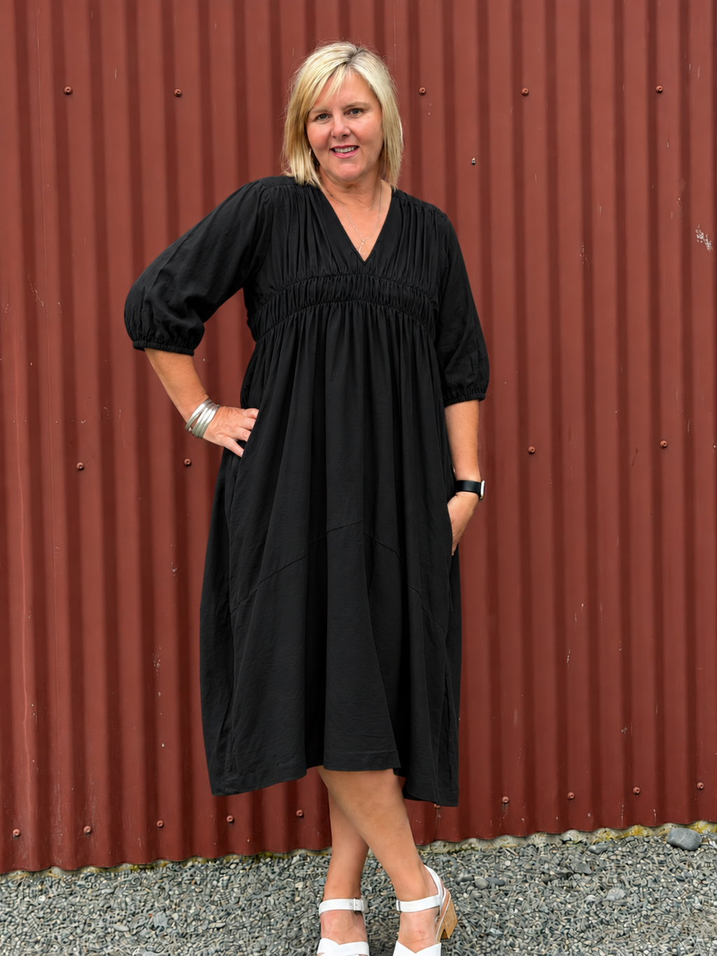 Puff Sleeve Gather Front Dress - Black
