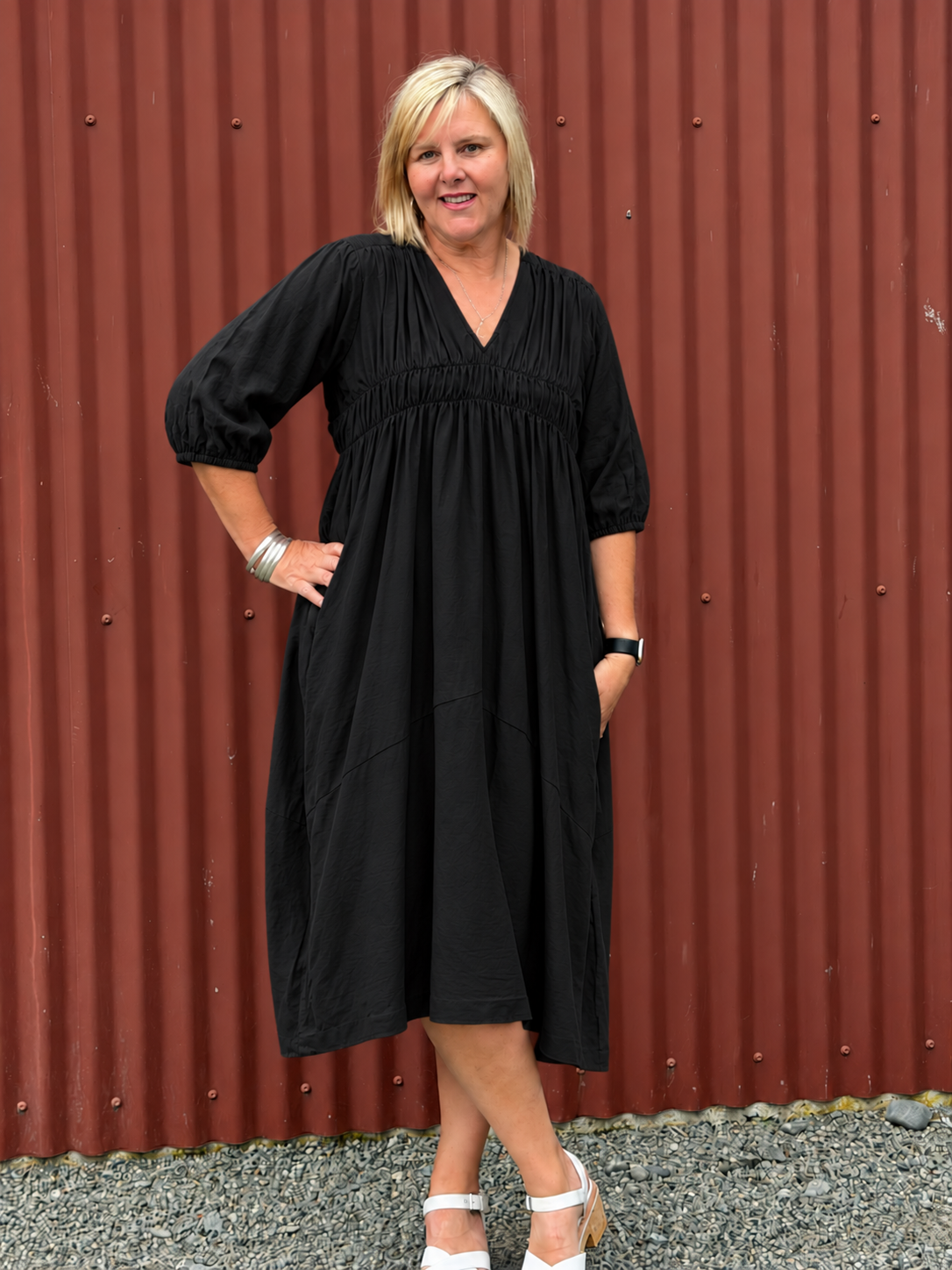Puff Sleeve Gather Front Dress - Black