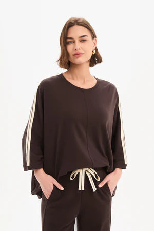 Tirelli Oversized 3/4 Stripe sleeve Tee - Chocolate