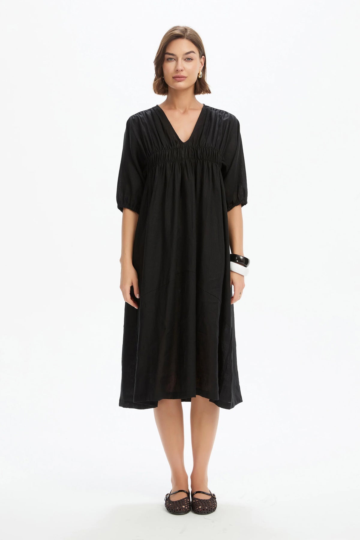 Puff Sleeve Gather Front Dress - Black