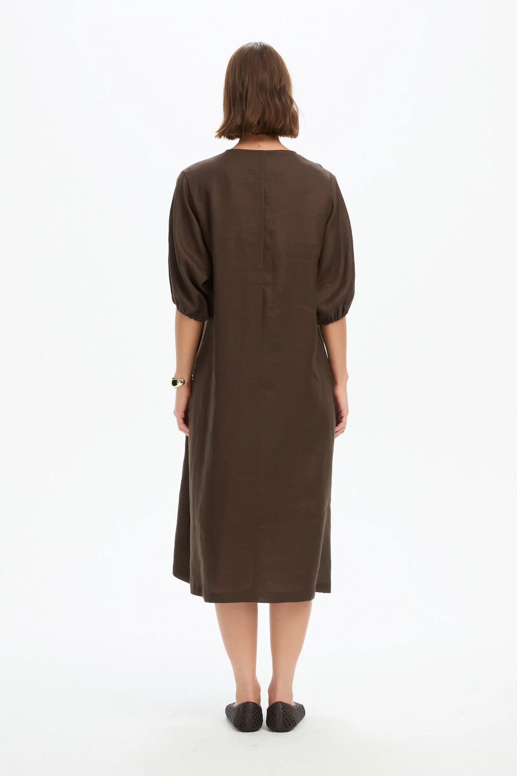 Puff Sleeve Gather Front Dress - Chocolate