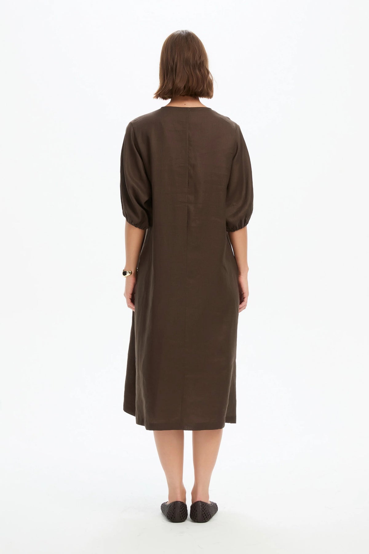 Puff Sleeve Gather Front Dress - Chocolate