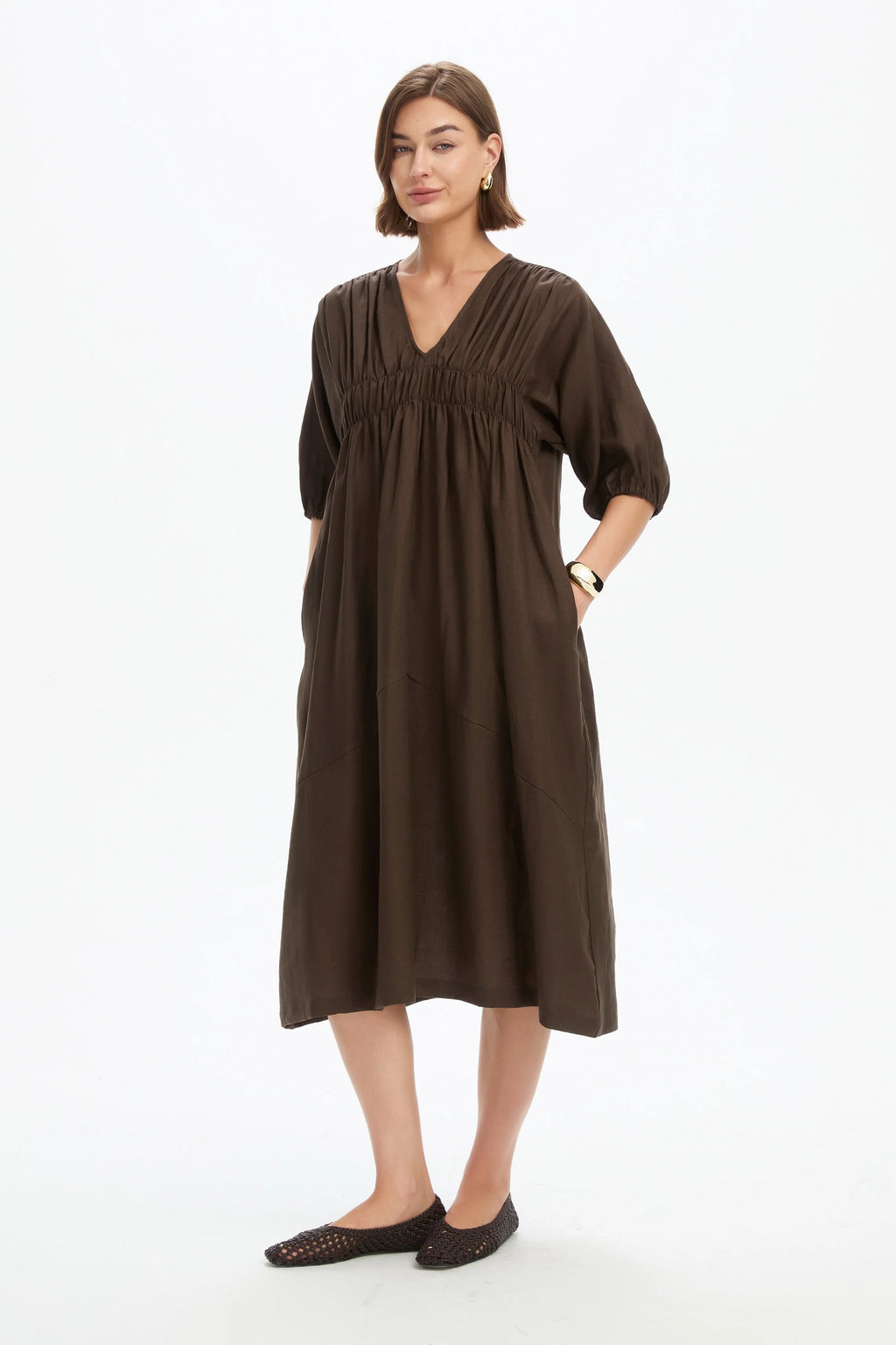 Puff Sleeve Gather Front Dress - Chocolate
