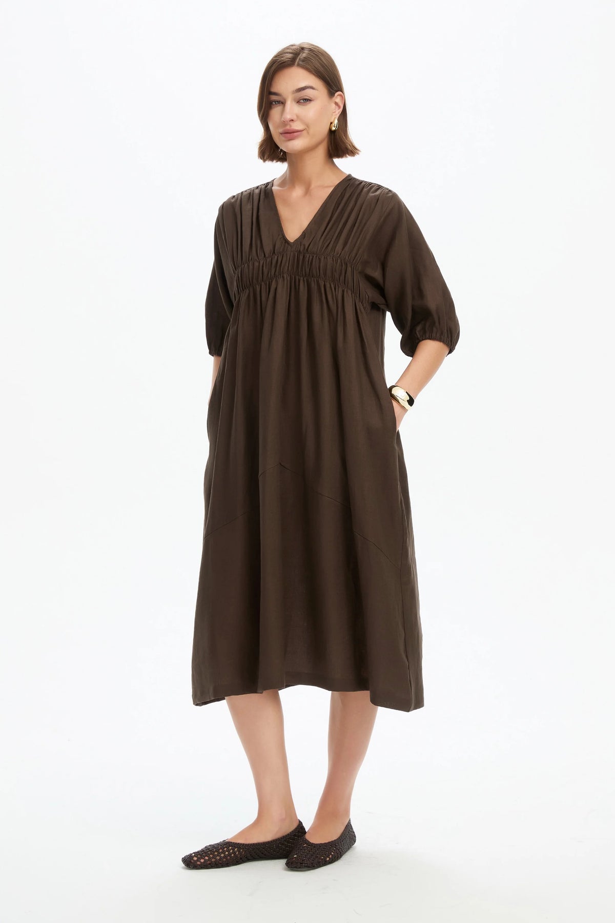 Puff Sleeve Gather Front Dress - Chocolate