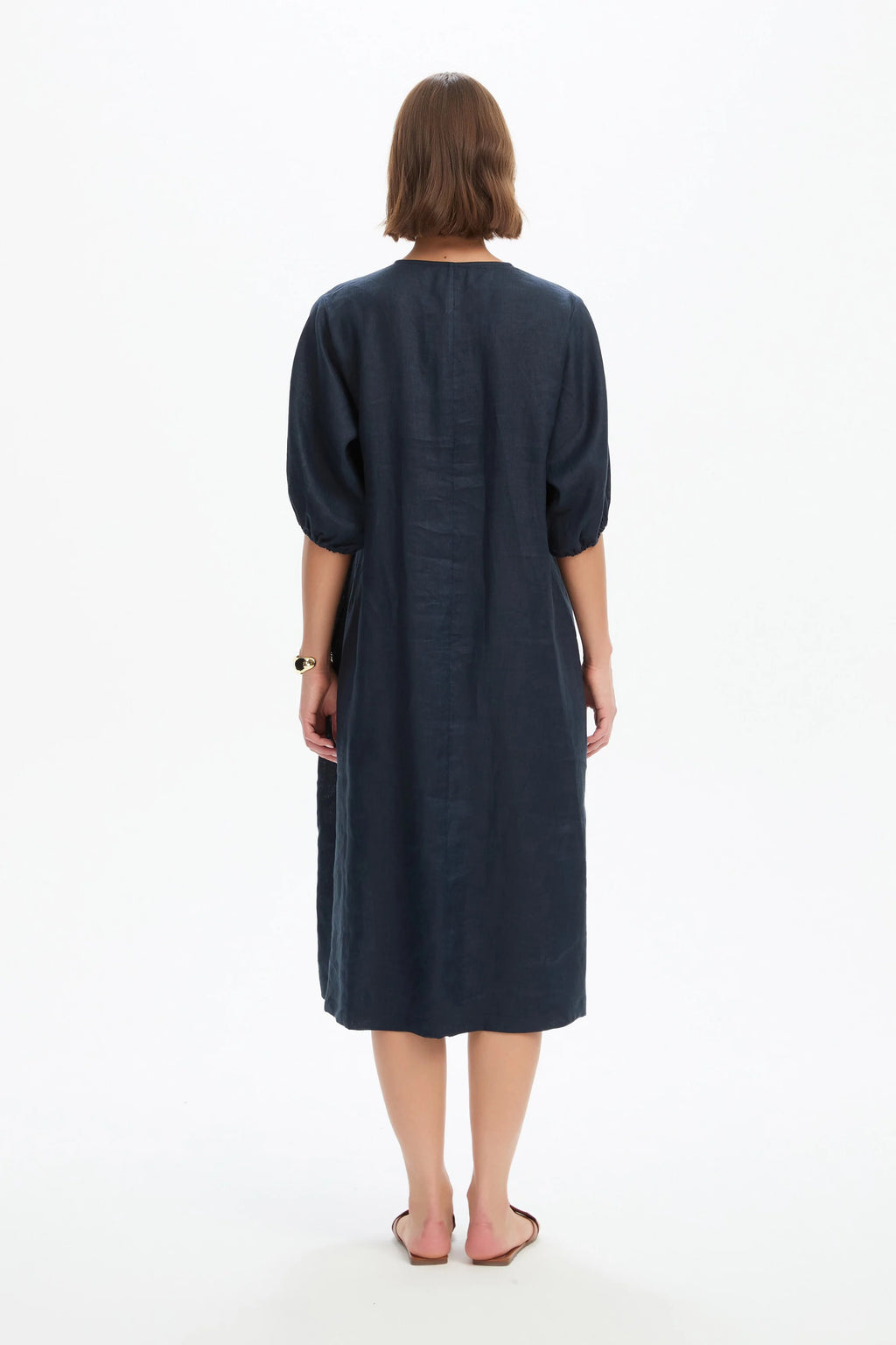 Puff Sleeve Gather Front Dress - Navy