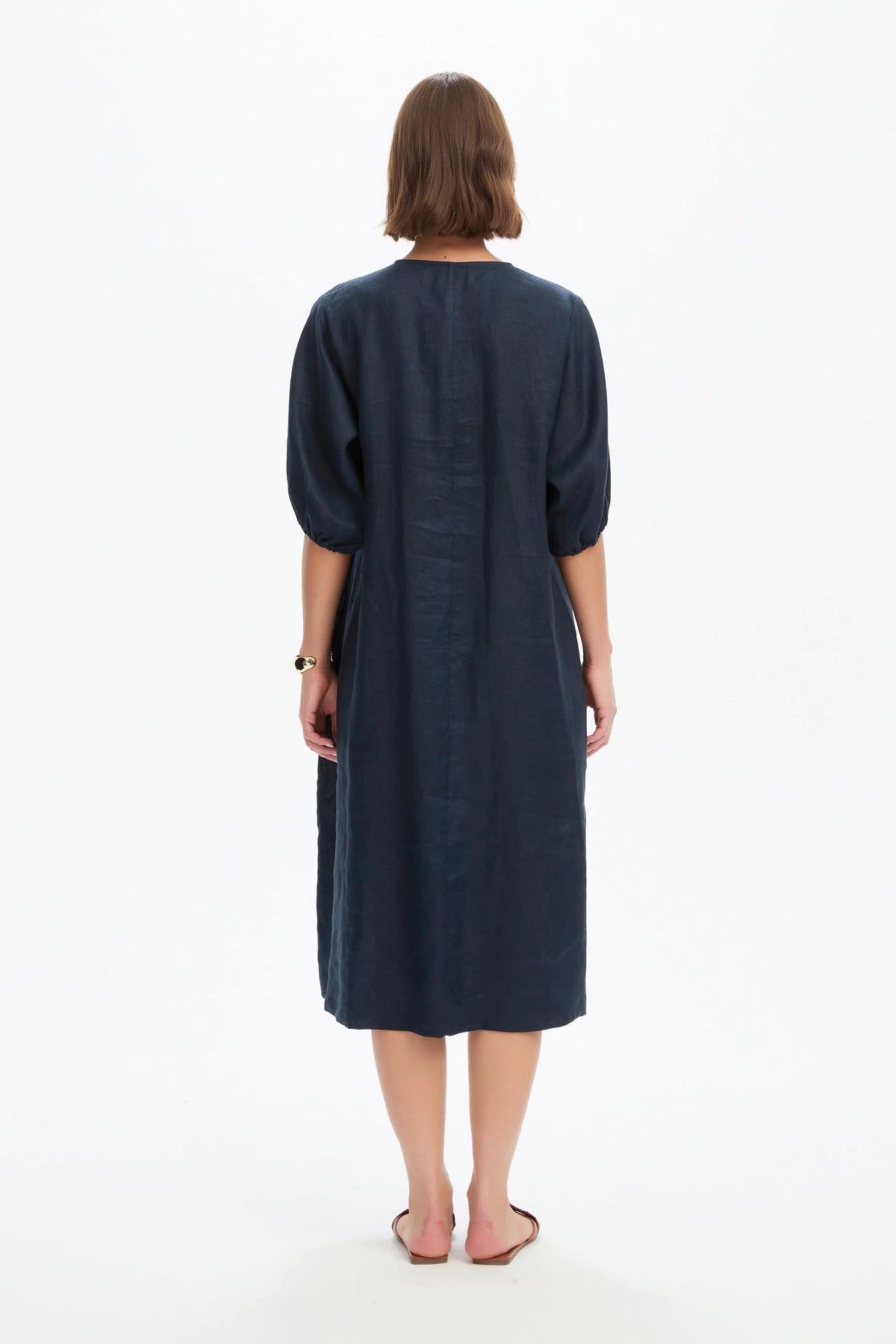 Puff Sleeve Gather Front Dress - Navy