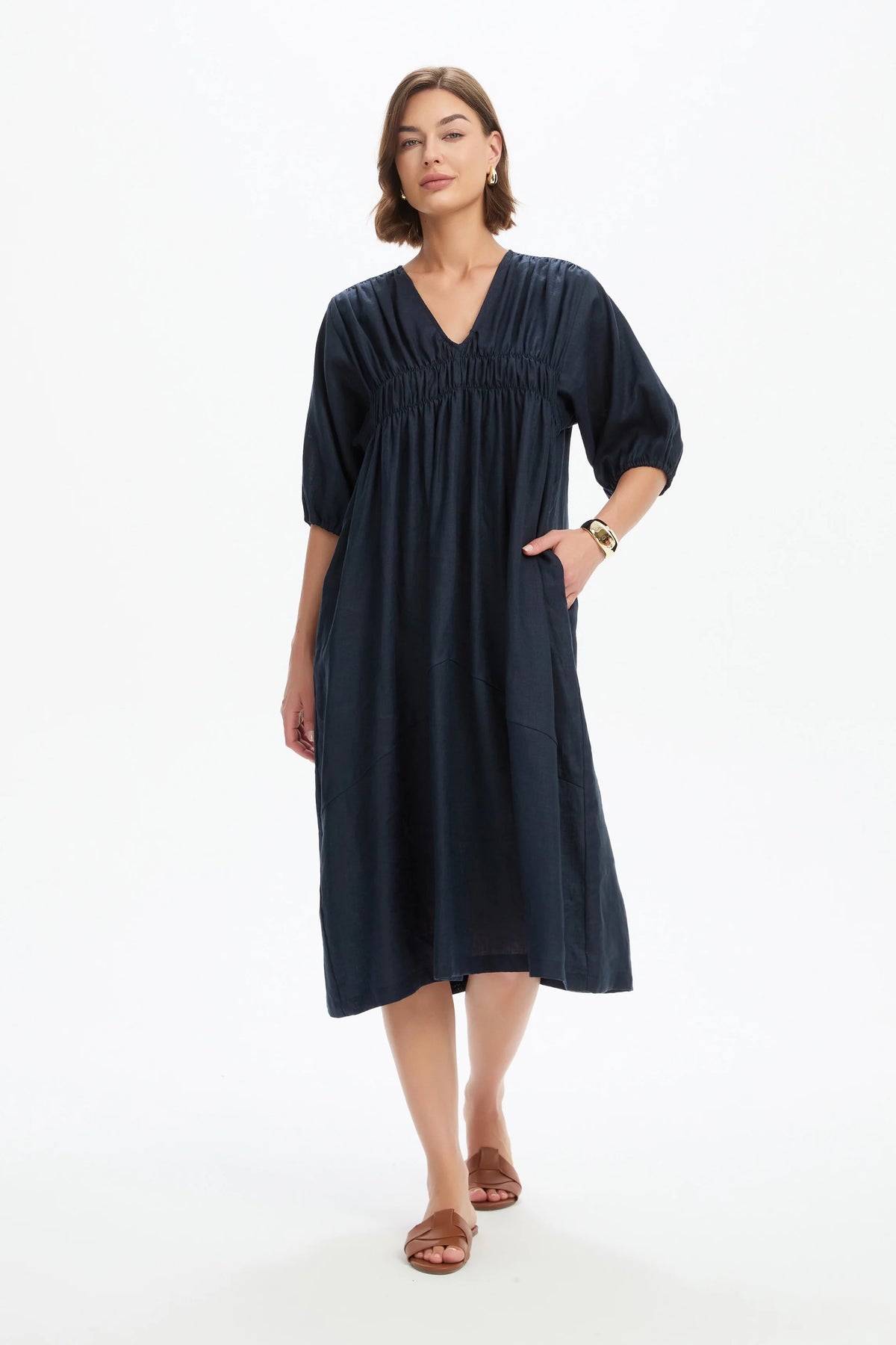 Puff Sleeve Gather Front Dress - Navy
